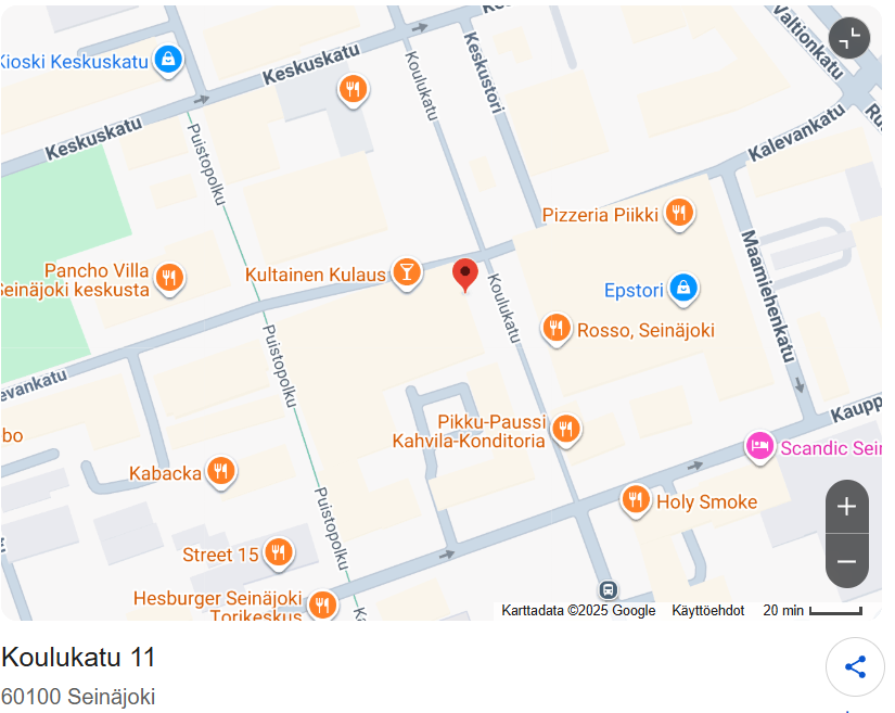 Kalevankadun ja Koulukadun kulmassa, Epstoria vastapäätä. Autolla Maps löytää parhaiten perille: Kalevankatu 10 tai Kauppakatu 10, liikkeemme sijaitsee kävelykadulla.